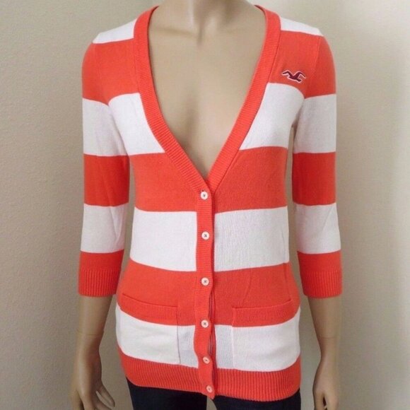 NWT Hollister Womens Cardigan Sweater Size Small Striped Top Shirt Coral & White - Picture 1 of 4